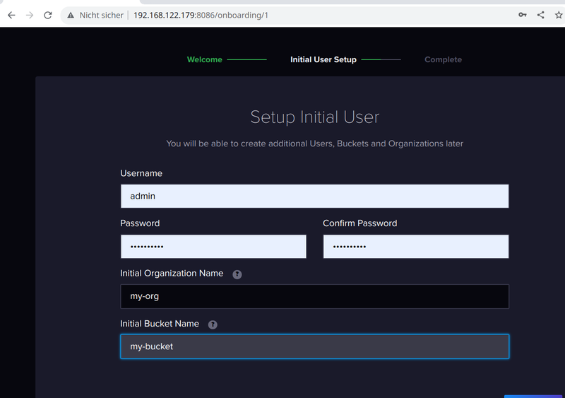 InfluxDB initial setup mask